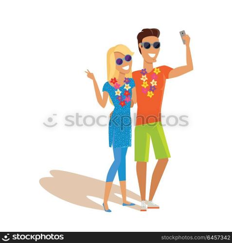 Couple Selfie on Summer Vacation. Summer vacation selfie concept. Honeymoon in exotic countries vector illustration. Flat style design. Couple in love with a necklace of flowers taking picture. Isolated on white.
