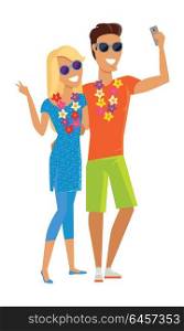 Couple Selfie on Summer Vacation. Summer vacation selfie concept. Honeymoon in exotic countries vector illustration. Flat style design. Couple in love with a necklace of flowers taking picture. Isolated on white.