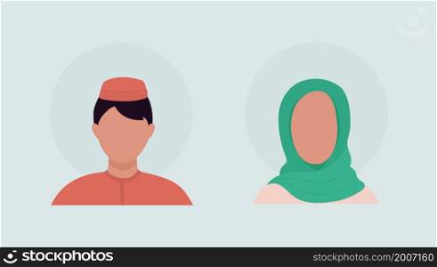 Couple semi flat color vector character avatar set. Man and woman in traditional clothes. Portrait from front view. Isolated modern cartoon style illustration for graphic design and animation pack. Couple semi flat color vector character avatar set