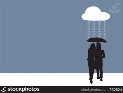 Couple sharing an umbrella, under the rain, vector illustration