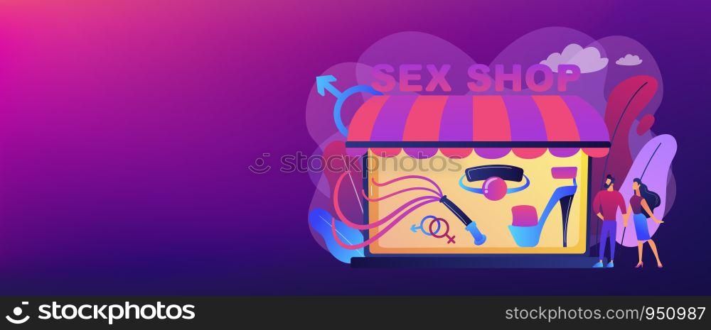 Couple shopping in adult shop with sexual entrtainment toys and accessories. Sex shop, online sex store, adult erotic products concept. Header or footer banner template with copy space.. Sex shop concept banner header.