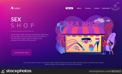 Couple shopping in adult shop with sexual entrtainment toys and accessories. Sex shop, online sex store, adult erotic products concept. Website vibrant violet landing web page template.. Sex shop concept landing page.