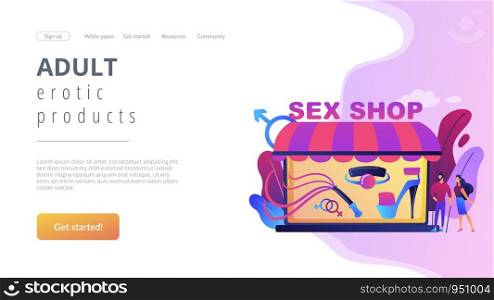 Couple shopping in adult shop with sexual entrtainment toys and accessories. Sex shop, online sex store, adult erotic products concept. Website vibrant violet landing web page template.. Sex shop concept landing page.
