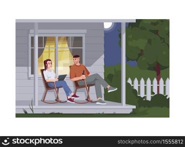 Couple sit in armchairs during night semi flat vector illustration. Rural lifestyle, summer recreation in village. People on porch relax in chair 2D cartoon characters for commercial use. Couple sit in armchairs during night semi flat vector illustration