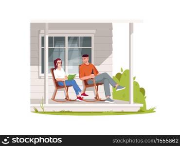 Couple sit in armchairs on patio semi flat RGB color vector illustration. Rural lifestyle, summer recreation in village. People on porch relax in chair isolated cartoon character on white background. Couple sit in armchairs on patio semi flat RGB color vector illustration