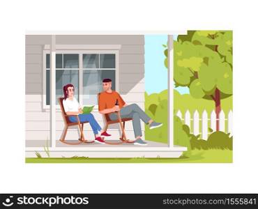 Couple sit in armchairs semi flat vector illustration. Rural lifestyle, summer recreation in village. People on porch relax in chair during daytime 2D cartoon characters for commercial use. Couple sit in armchairs semi flat vector illustration