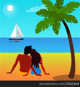 Couple sits close to each other on sand beside tall palm and looks at sailboat with white canvas out in blue sea vector illustration.. Couple Sits on Sand and Looks at Sailboat on Water