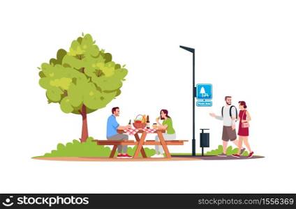 Couple sitting at a picnic table in park semi flat RGB color vector illustration. Man and woman walking in public recreation area. Leisure and outing. Isolated cartoon characters on white background. Couple sitting at a picnic table in park semi flat RGB color vector illustration