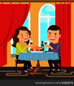Couple sitting at a table and celebrates. Vector illustration. Couple sitting at table celebrating
