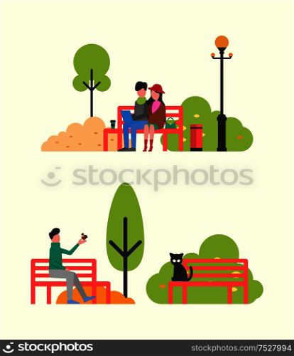 Couple sitting in autumn park on bench with notebook. Man feeding bird from hand, cat resting on wooden seat, vector trees and bushes isolated. Lantern and bin. Couple Sitting on Bench with Notebook, Autumn Park