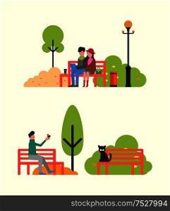 Couple sitting in autumn park on bench with notebook. Man feeding bird from hand, cat resting on wooden seat, vector trees and bushes isolated. Lantern and bin. Couple Sitting on Bench with Notebook, Autumn Park