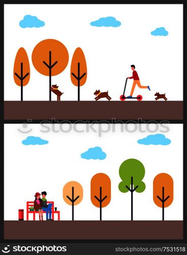 Couple sitting in autumn park on bench with notebook. Man riding on kick scooter, color trees, blue sky and lovers spending time together, flat vector. Couple Sitting in Autumn Park on Bench with Notebook