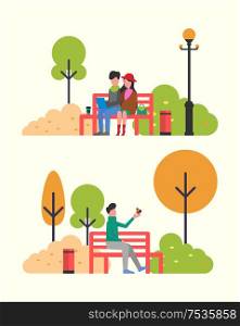 Couple sitting in autumn park on bench with notebook. Man feeding bird from hand, vector fall season weather and cartoon characters, people outdoors. Couple Sitting in Autumn Park on Bench with Notebook