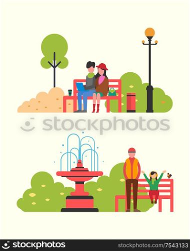 Couple sitting in autumn park on bench with notebook. Color trees, blue sky and happy man and daughter spending time together at fall time, flat vector. Couple Sitting in Autumn Park on Bench with Notebook