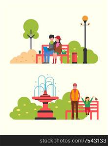 Couple sitting in autumn park on bench with notebook. Color trees, blue sky and happy man and daughter spending time together at fall time, flat vector. Couple Sitting in Autumn Park on Bench with Notebook