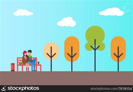 Couple sitting in autumn park on bench with notebook. Color trees, blue sky and happy man and woman spending time together at fall time, flat vector. Couple Sitting in Autumn Park on Bench with Notebook