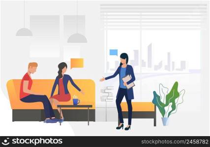 Couple sitting in family psychologist office vector illustration. Mental therapy, psychotherapist, counseling. Family therapy. Can be used for webpages, slides and leaflets