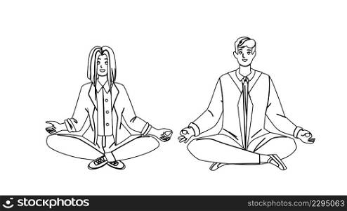 Couple Sitting In Lotus Yoga Pose Together Black Line Pencil Drawing Vector. Young Man And Woman Enjoying In Lotus Yoga Pose, Training Exercise. Characters Recreation And Relaxation Illustration. Couple Sitting In Lotus Yoga Pose Together Vector