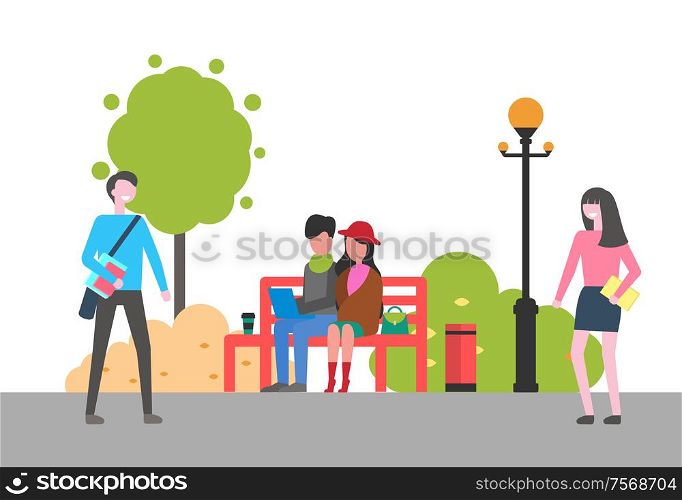 Couple sitting on bench in park vector, outdoors activity. Freelancers working on laptops, students walking with notebooks and papers from university. Couple Sitting on Bench in Park, Outdoors Activity