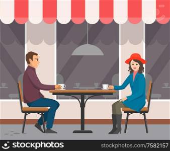 Couple sitting on chairs at table, holding cups. Portrait view of smiling girl in coat and hat, boy in casual clothes. Wall with windows of cafe vector. Man and Woman Sitting at Cafe with Cups Vector