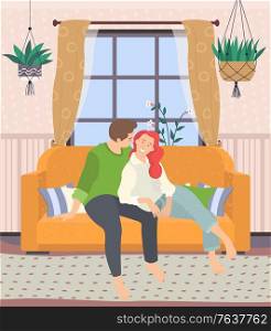 Couple sitting on couch in living room at home. Happiness and cosiness. Sofa with pillows and plants, carpet on floor. Vector illustration in flat style. Couple Sitting on Couch in Living Room at Home