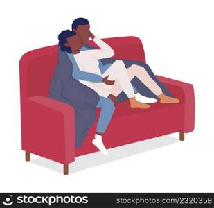 Couple sitting on couch semi flat color vector characters. Sitting figures. Full body people on white. Romantic date simple cartoon style illustration for web graphic design and animation. Couple sitting on couch semi flat color vector characters