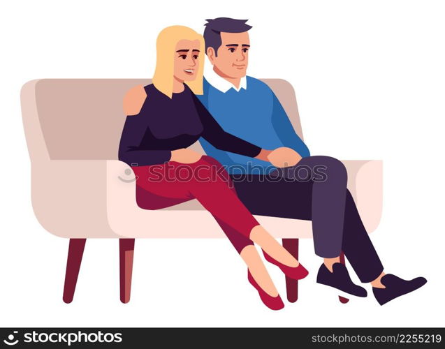 Couple sitting on sofa and embracing semi flat RGB color vector illustration. Woman and man visiting psychologist consultation meeting isolated cartoon characters on white background. Couple sitting on sofa and embracing semi flat RGB color vector illustration