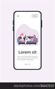 Couple sitting on sofa and using smartphones. Relaxing, couch, family flat vector illustration. Digital technology and lifestyle concept for banner, website design or landing web page