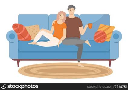 Couple sitting on sofa cuddling and and drinking tea. Man and woman together relaxing on comfortable couch in the evening. People in relationships isolated on white background. Characters sit with cup. Couple sitting on sofa cuddling and drinking tea. Man and woman together relaxing on the couch