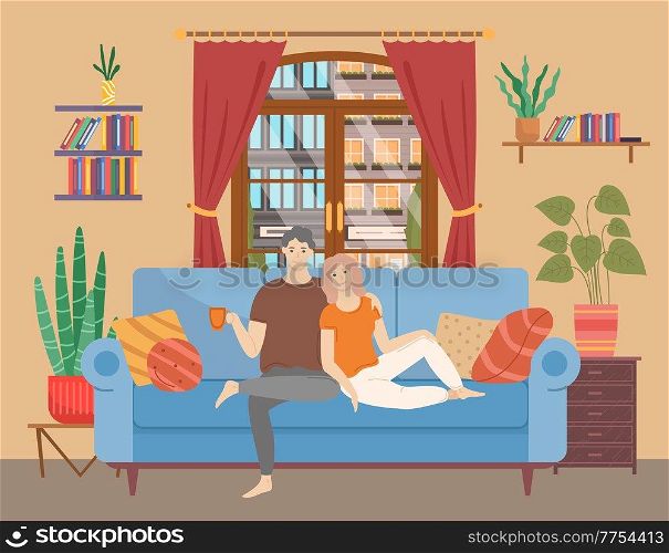 Couple sitting on sofa cuddling and and drinking tea. Man and woman together relaxing on comfortable couch in the evening. People in relationships spend time together at home. Characters sit with cup. Couple sitting on sofa cuddling and drinking tea. Man and woman together relaxing on the couch