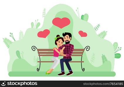 Couple sitting on wooden bench and hugging surrounded by pink hearts. Young people in love spending time outdoors together. Man and Woman dating vector. Couple in Love Sitting on Bench Hugging Vector