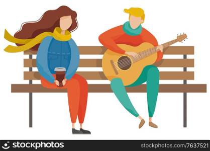 Couple sitting on wooden bench in autumn park. Boy character playing guitar to girl. Man and woman romantic day outdoor. People wearing casual clothes and resting, male and female romantic day vector. Man and Woman Playing Guitar in Autumn Park Vector