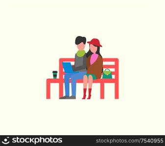 Couple sitting on wooden bench working on PC laptop vector. Freelancers with coffee in cup, leisure in of man and woman. Joyful people on freelance. Couple Sitting on Wooden Bench Working on PC