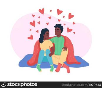 Couple sitting together 2D vector isolated illustration. People in love cuddling under blanket. Boyfriend and girlfriend flat characters on cartoon background. Romance colourful scene. Couple sitting together 2D vector isolated illustration