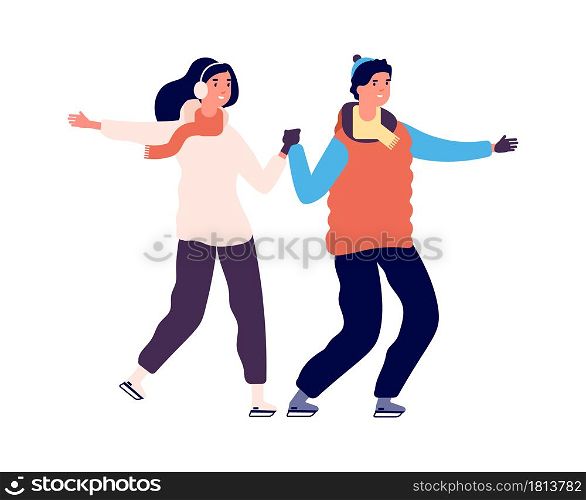 Couple skating. People on ice, winter outdoor activities. Happy sport man woman, active holiday dating vector illustration. Active happy woman and man ride ice-skating. Couple skating. People on ice, winter outdoor activities. Happy sport man woman, active holiday dating vector illustration