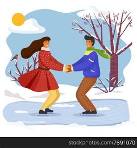 Couple skating together in winter holding hands looking at one another, snow-covered trees and bushes, young people spend time together outdoors, activity or hobby at nature, friends leisure. Couple skating together in winter holding hands looking at one another, snow-covered trees