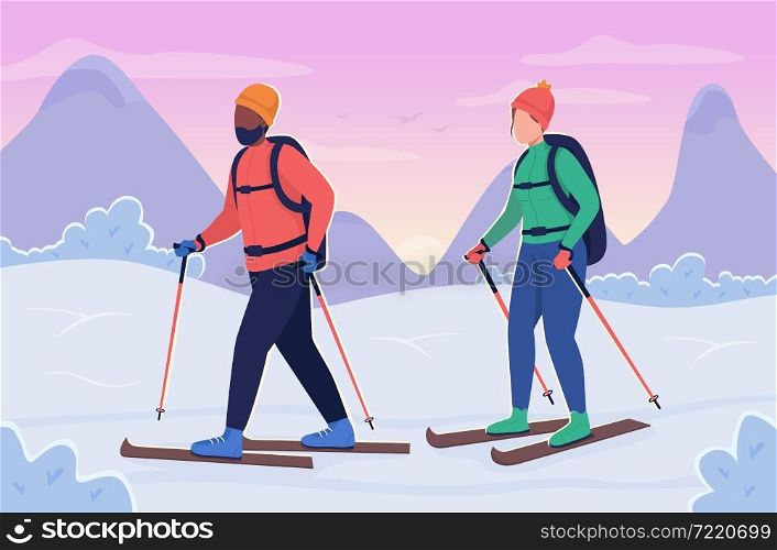 Couple skiing flat color vector illustration. Active recreation during cold weather. Man and woman training together in winter 2D cartoon characters with wintertime sunset on background. Couple skiing flat color vector illustration
