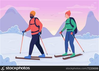Couple skiing flat color vector illustration. Active recreation during cold weather. Man and woman training together in winter 2D cartoon characters with wintertime sunset on background. Couple skiing flat color vector illustration