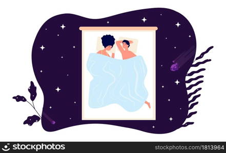 Couple sleep together. Healthy sleeping on bed, comfort mattress and pillow. Night starry sky and sweet dreams top view, bedtime vector illustration. Sleep night relax together man and woman. Couple sleep together. Healthy sleeping on bed, comfort mattress and pillow. Night starry sky and sweet dreams top view, bedtime vector illustration