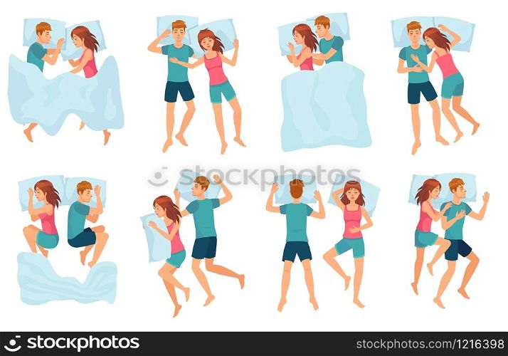 Couple sleeps in different poses. Man and woman sleeping together, couple in bed and healthy night sleep vector set. Cute boy and girl slumbering. Male and female cartoon characters falling asleep.. Couple sleeps in different poses. Man and woman sleeping together, couple in bed and healthy night sleep vector set