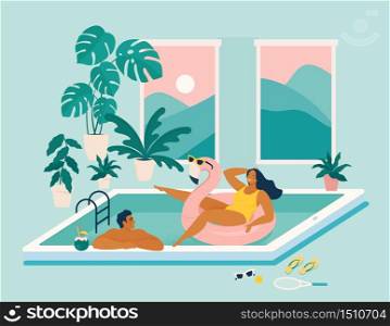 Couple spend summer vacation at swimming pool during quarantine. Stay at home during summer. Summer at home. Party on the screen of a mobile device. Summer season with woman Sunbathing enjoy concept. Couple spend summer vacation at swimming pool during quarantine. Stay at home during summer. Summer at home. Party on the screen of a mobile device. Summer season with woman Sunbathing enjoy concept.