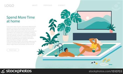 Couple spend summer vacation at swimming pool during quarantine. Vacation simulation and indoor recreation. Landing page template. Vector illustration. Couple spend summer vacation at swimming pool during quarantine. Vacation simulation and indoor recreation. Landing page template. Vector illustration.