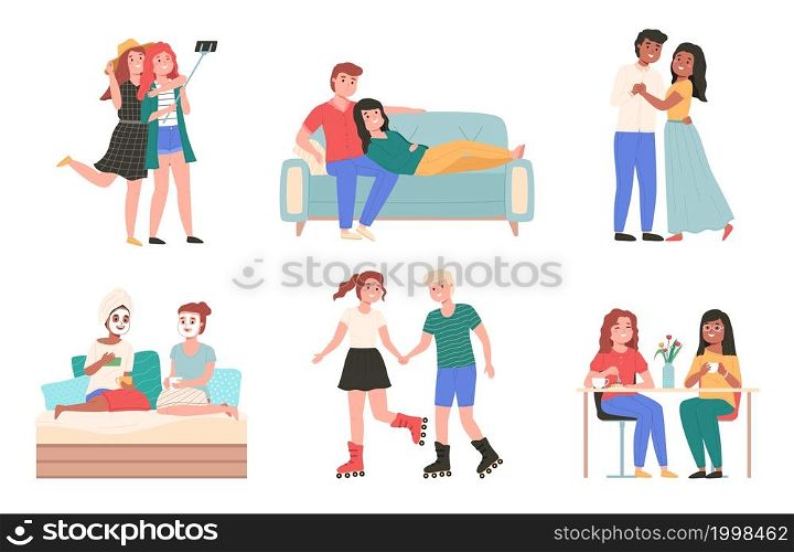 Couple spend time together. Happy smiling friends in joint activities. Young men and women have dinner or ride roller skates. Isolated people take selfie pictures and dance. Vector pair leisure set. Couple spend time together. Happy friends in joint activities. Young men and women have dinner or ride roller skates. People take selfie pictures and dance. Vector pair leisure set