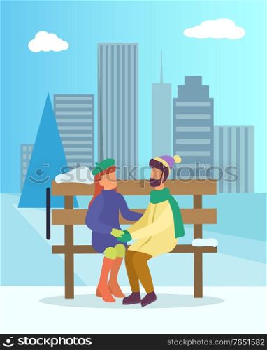 Couple spend time together in winter urban park. People sitting on wooden snowy bench. Man and woman on romantic date. Cityscape with skyscrapers on background. Vector illustration in flat style. Couple Sit on Bench in Winter Park, Date of Two