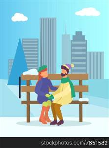 Couple spend time together in winter urban park. People sitting on wooden snowy bench. Man and woman on romantic date. Cityscape with skyscrapers on background. Vector illustration in flat style. Couple Sit on Bench in Winter Park, Date of Two