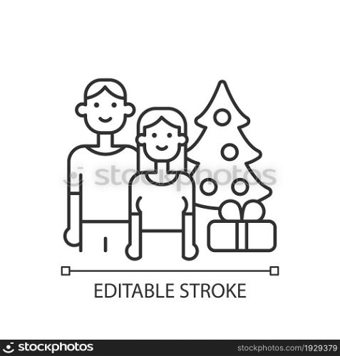 Couple spending Christmas together linear icon. Holidays with partner. Family winter activity. Thin line customizable illustration. Contour symbol. Vector isolated outline drawing. Editable stroke. Couple spending Christmas together linear icon