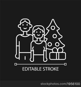 Couple spending Christmas together white linear icon for dark theme. Winter with family, spouse. Thin line customizable illustration. Isolated vector contour symbol for night mode. Editable stroke. Couple spending Christmas together white linear icon for dark theme