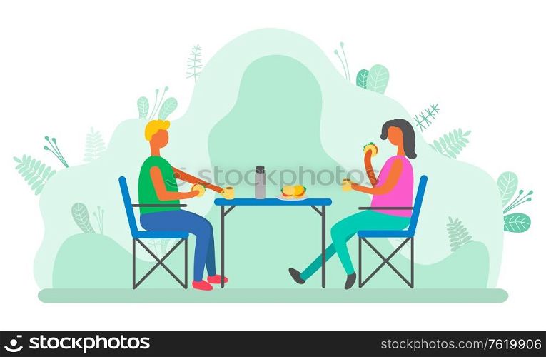 Couple spending time outdoors vector, man and woman eating in park. People camping having lunch sitting by table, characters relaxing on nature flat style. Dating in park. Camping Man and Woman Couple Eating Food on Nature