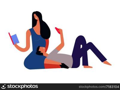 Couple spending time together by reading books in hardcover vector. People educating themselves, man and woman involved into fiction. Male lying on females laps calmly, pastime and hobby leisure. Couple spending time together by reading books in hardcover