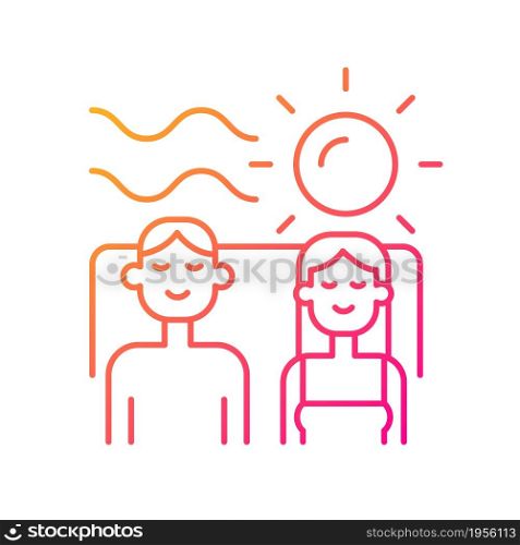 Couple spending vacation together gradient linear vector icon. Romantic vacation. Couple having quality time at beach. Thin line color symbol. Modern style pictogram. Vector isolated outline drawing. Couple spending vacation together gradient linear vector icon